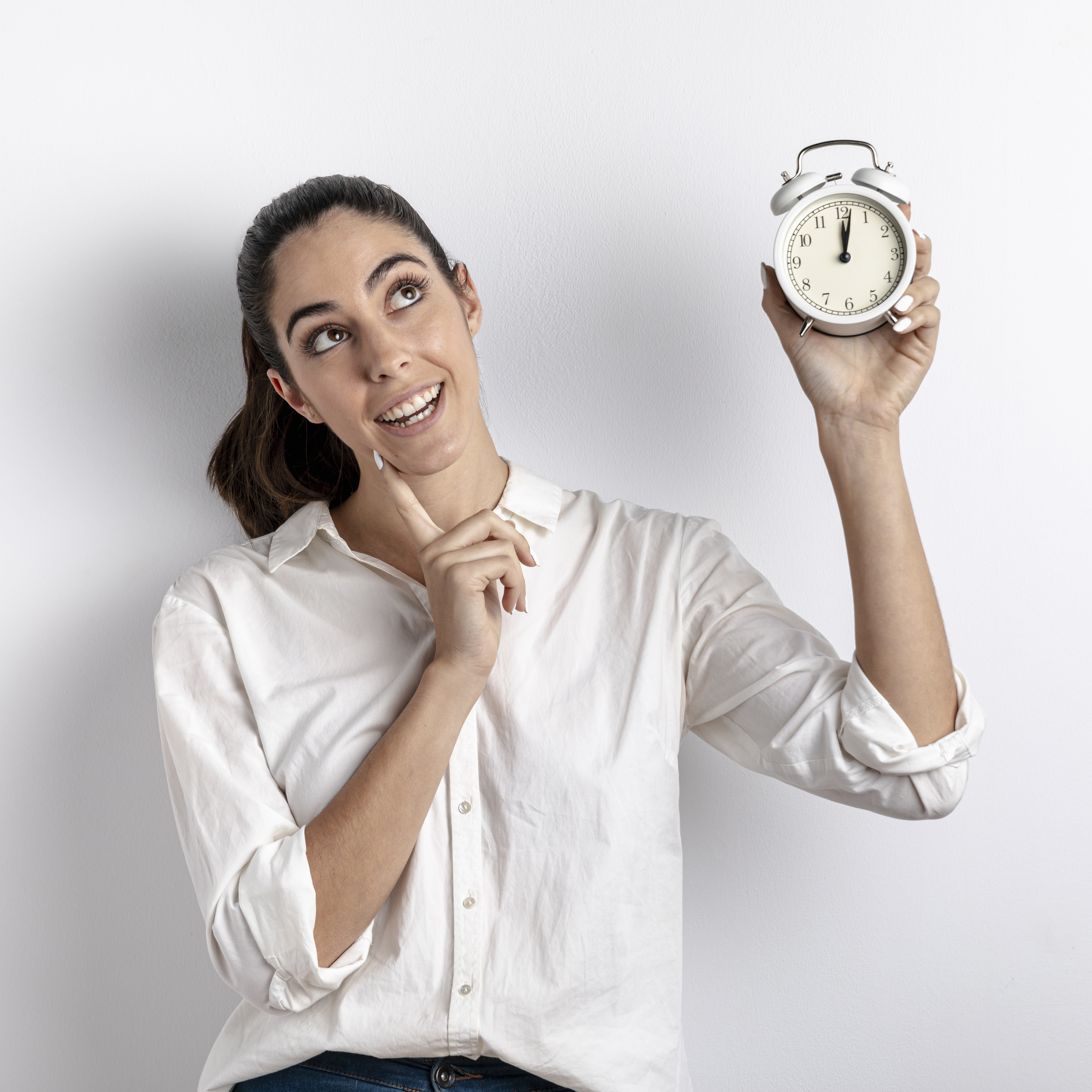 smiley-woman-holding-clock